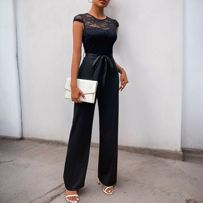 Lace Stitching Sleeveless Jumpsuit High Waist Grayceful LLC