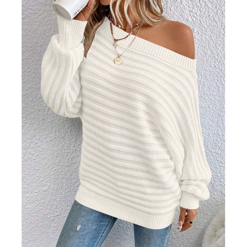 Off-Shoulder Batwing Sweater – Loose Knit Pull-Over for Fall FitiqueFit