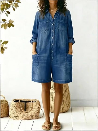 Women's Faux Denim Print Jumpsuit Shorts – Loose Fit, 3D Print, Elastic Waist FitiqueFit