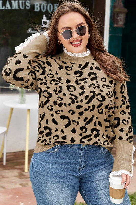 Plus Size Leopard Knit Lacy Trim Long Sleeve Sweat Shop Style & More | Fresh Looks, Everyday Deals & Free Shipping
