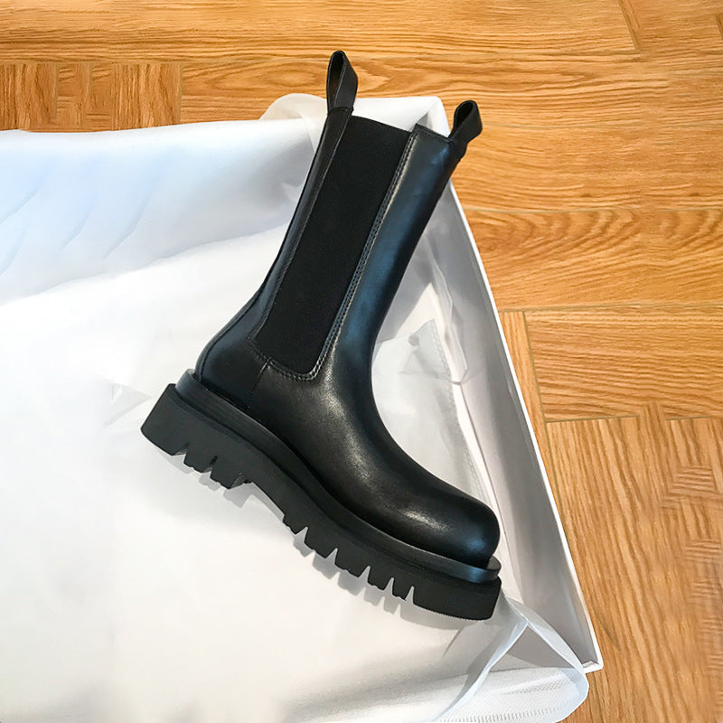 Women’s British-Style Mid-Calf Thick-Soled Leather Boots FitiqueFit