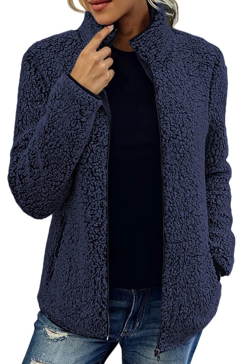 Fall Winter Warm Sweatshirt Stand Collar Solid Color Top Sweater Women's Casual Fashion Long Sleeve Zipper Bubble Velvet Coat Tops Grayceful LLC
