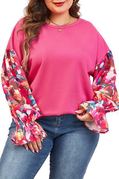 Bright Pink Floral Patchwork Flounce Sleeve Plus Knit Top Garden Naked Curves