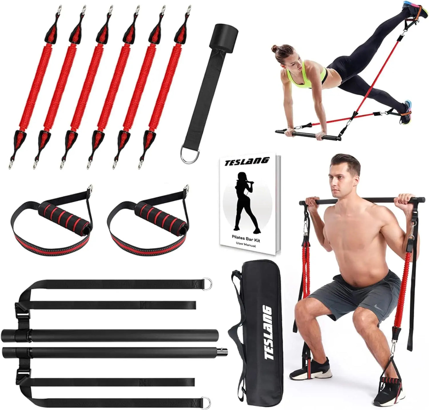 Upgraded 60-180LBS Adjustable Pilates Bar Kit with Resistance Band, Anti-Break, Portable Fitness Exercise Workout Toning Bar Stick for Stretching Twisting Sit-Up, Home Workout Equipment Men Women