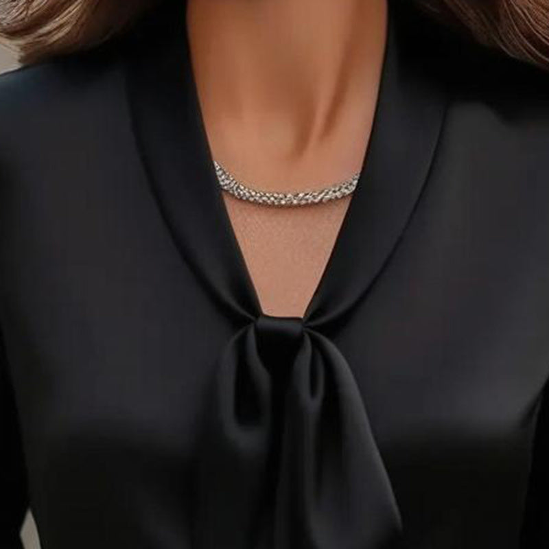 Elegant Satin Ribbon Blouse — Long Sleeve Button-Down Work Shirt FitiqueFit