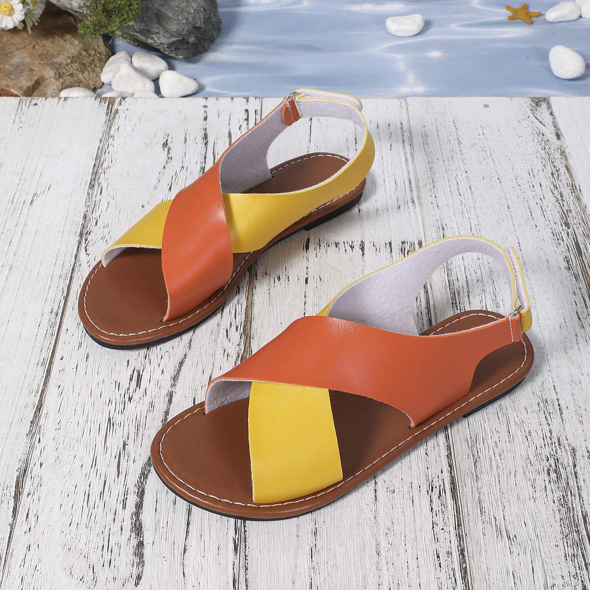 Women's Color-Block Cross-Strap Flat Sandals FitiqueFit