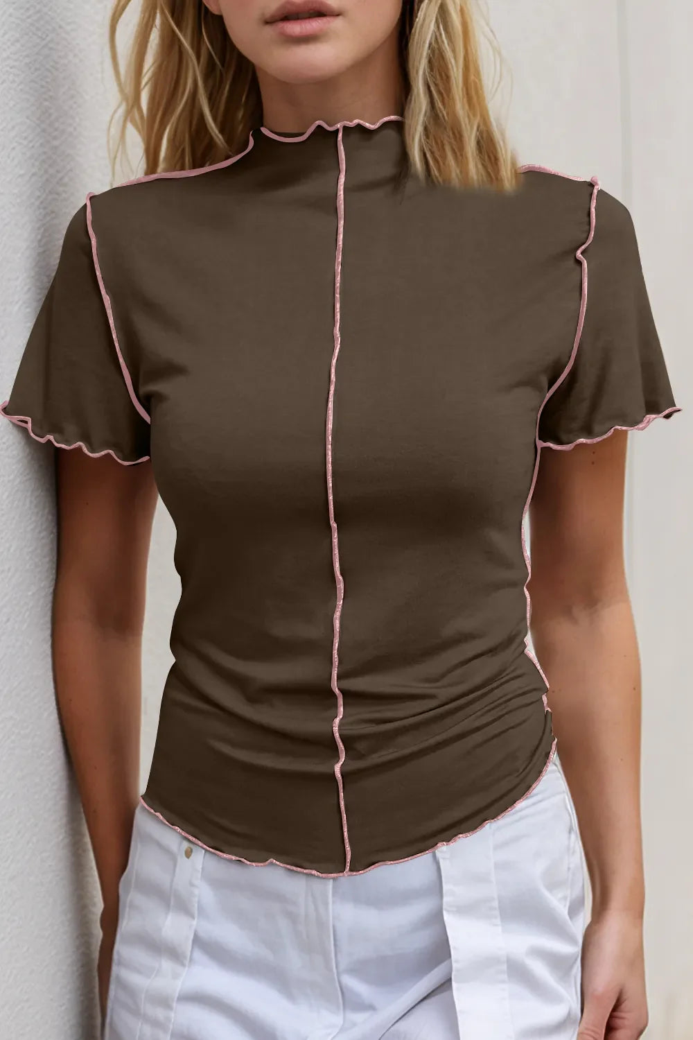 Basic Bae Contrast Trim Mock Neck Short Sleeve T-Shirt New Era Fashion LLc