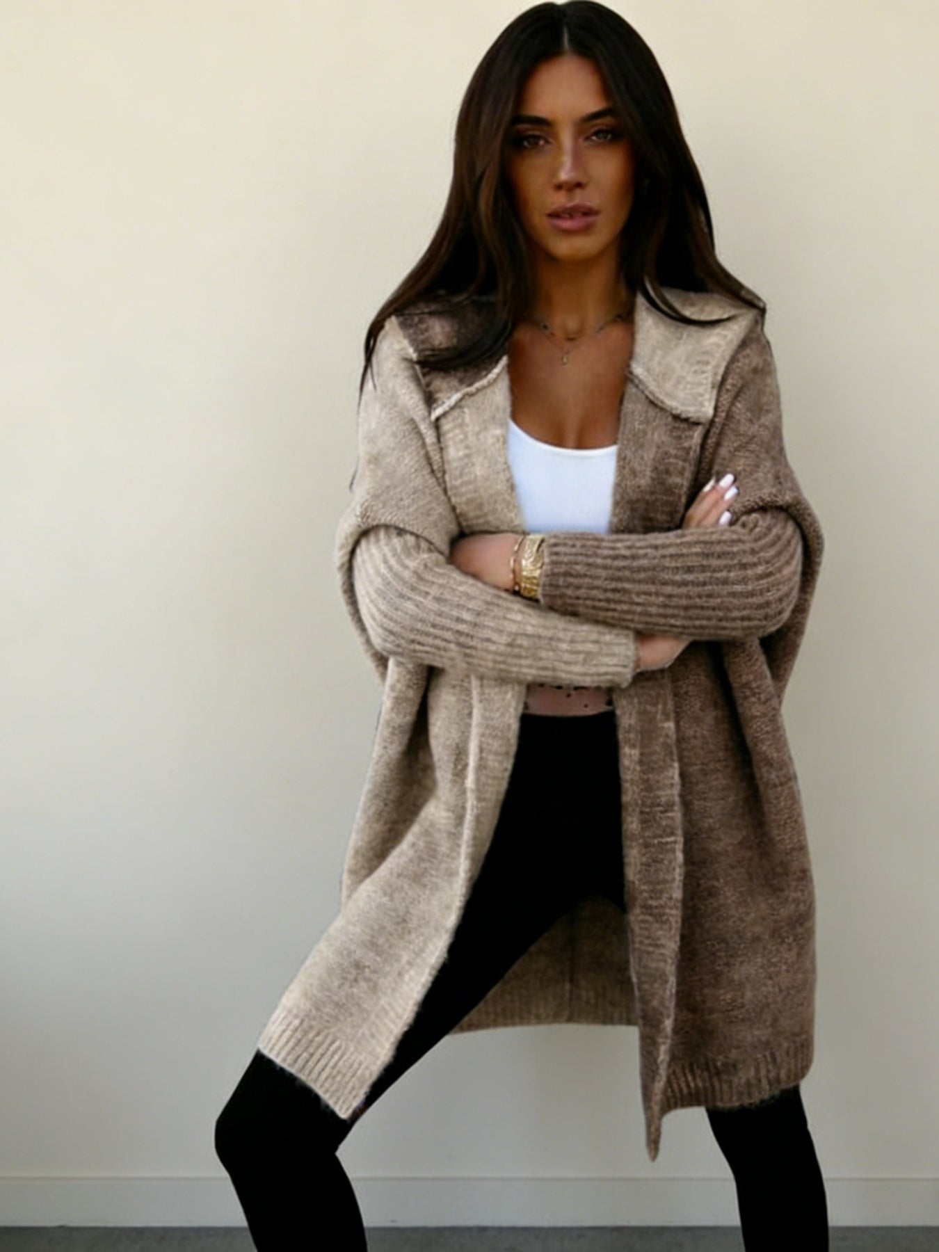 Women’s Color Block Hooded Knitted Cardigan – Plus Size Mid-Length Sweater Coat FitiqueFit