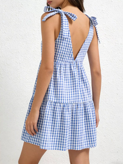 Gingham Tie-Shoulder Ruffle Hem Mini Dress New Era Fashion LLc