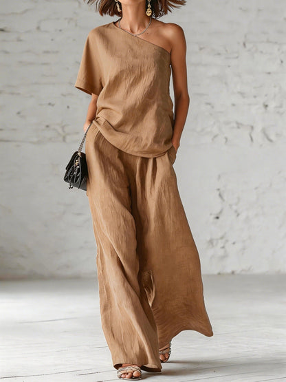 Women's Wide-Leg Pants & Top Set – 2-Piece Three-Quarter Sleeve Outfit FitiqueFit