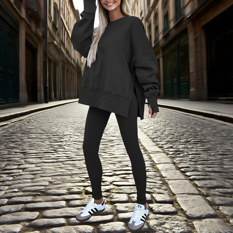 Women’s Solid Color 2-Piece Tracksuit — Crewneck Sweatshirt FitiqueFit