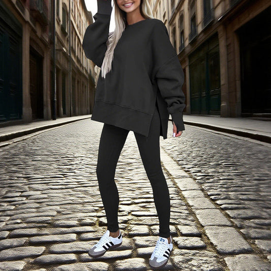 Women’s Solid Color 2-Piece Tracksuit — Crewneck Sweatshirt FitiqueFit