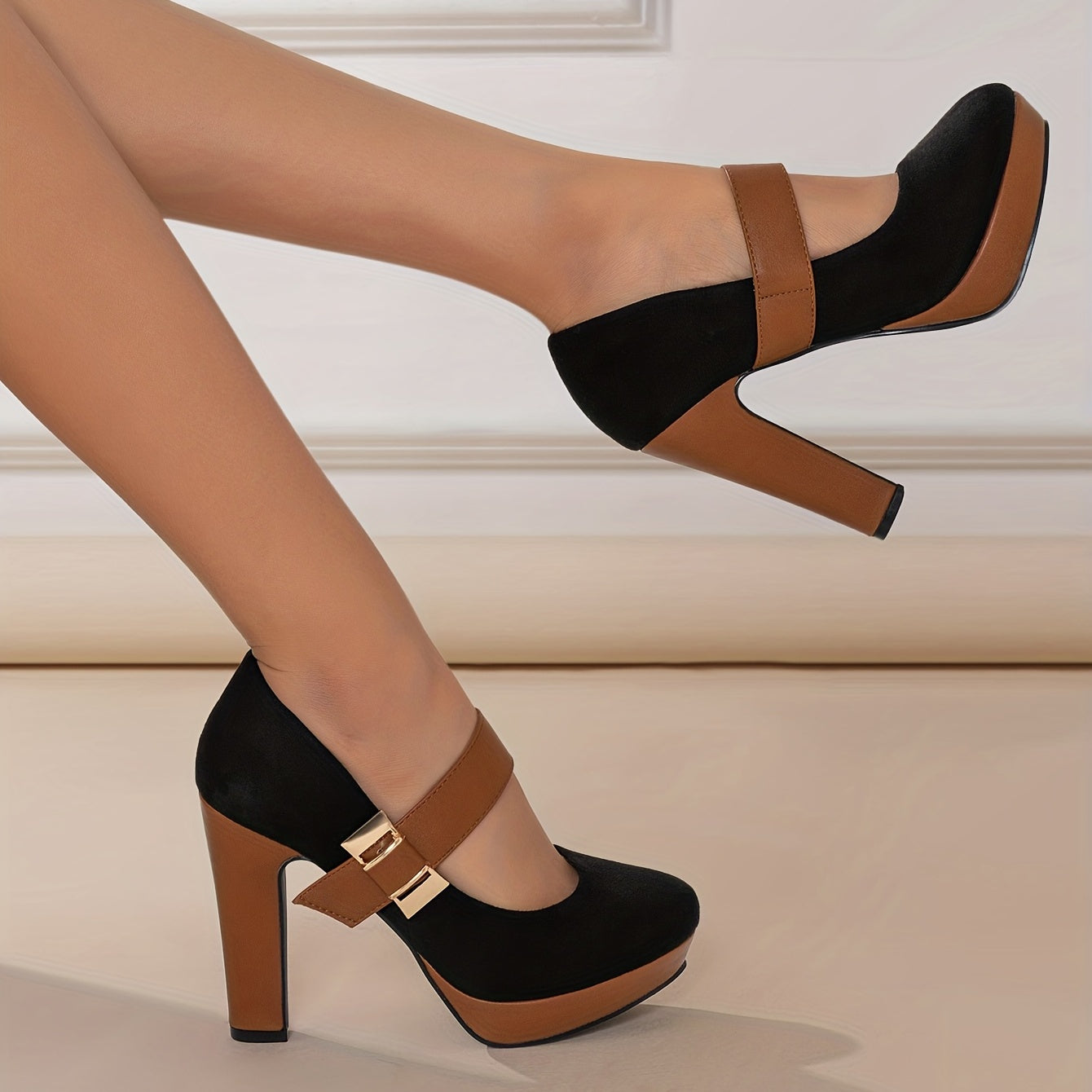 [Retro Heeled Pumps] Women's Retro Style Round Toe High Heeled Pumps, Buckle Platform Block Heel Shoes, Women's Footwear NovaCart