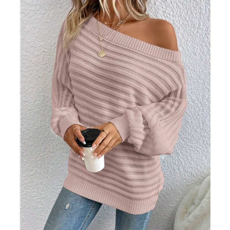 Off-Shoulder Batwing Sweater – Loose Knit Pull-Over for Fall FitiqueFit