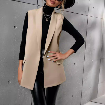Women’s Mid-Length Suit Vest – Sleeveless Office Blazer FitiqueFit