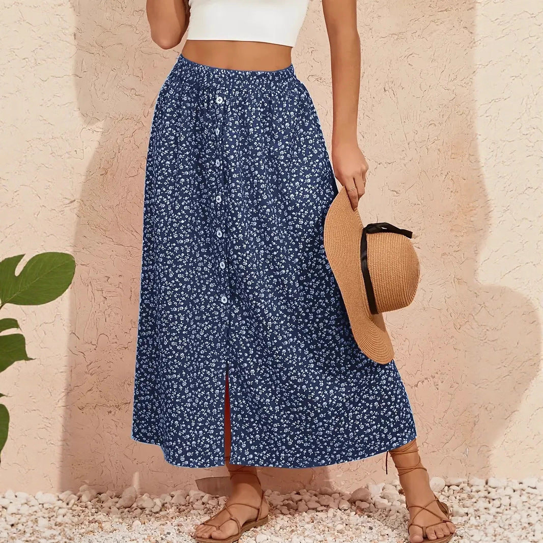 European And American Printed Breasted Self-tie Summer Pastoral A- Line Skirt Advanced Skirt Grayceful LLC