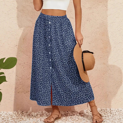 European And American Printed Breasted Self-tie Summer Pastoral A- Line Skirt Advanced Skirt Grayceful LLC