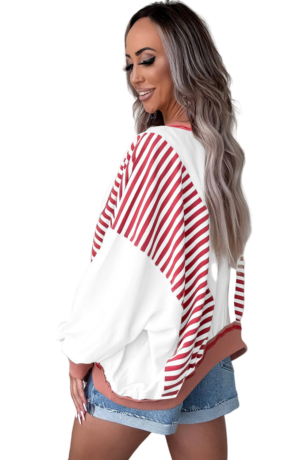 Red Stripe Color Block Patchwork Seam Detail Plus Size Sweatshirt Garden Naked Curves