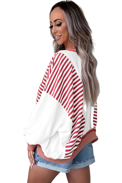 Red Stripe Color Block Patchwork Seam Detail Plus Size Sweatshirt Garden Naked Curves