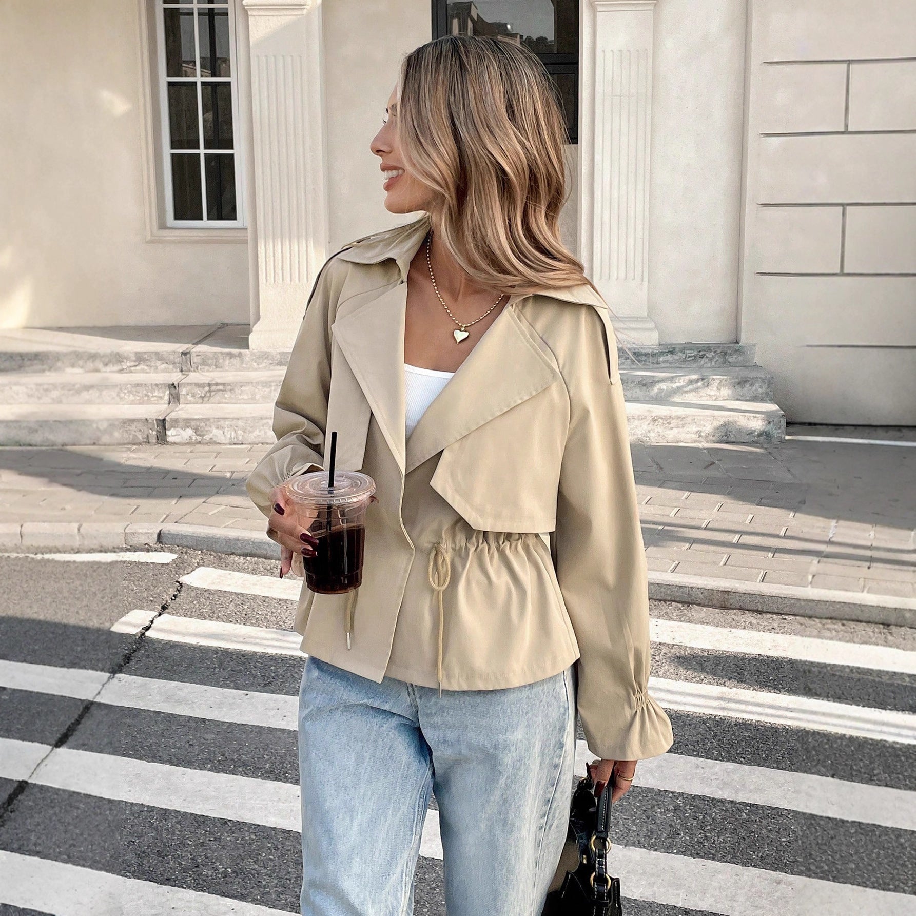 Women's Drawstring Waist Figure-Flattering Casual Coat – Khaki FitiqueFit