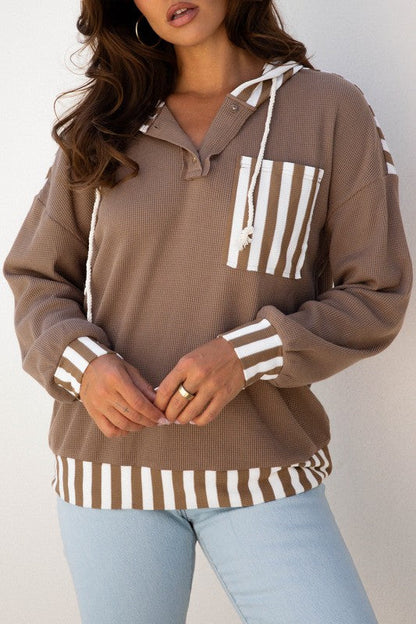 Stripe Patchwork Waffle Knit Buttoned Hoodie Shop Style & More | Fresh Looks, Everyday Deals & Free Shipping