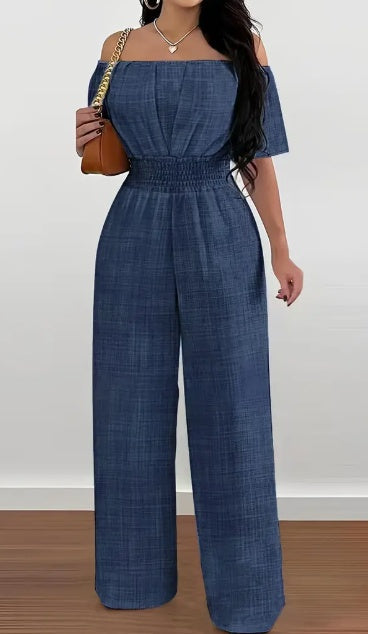 Elegant Off-Shoulder Short Sleeve Waist Cinch Jumpsuit Solid Color Grayceful LLC