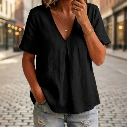 Women's Pleated Cotton-Linen Short-Sleeve Shirt – 5 Colors S–XXL FitiqueFit