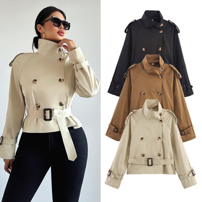Women's Notch-Collar Short Trench Coat with Belt Buckle Detail FitiqueFit