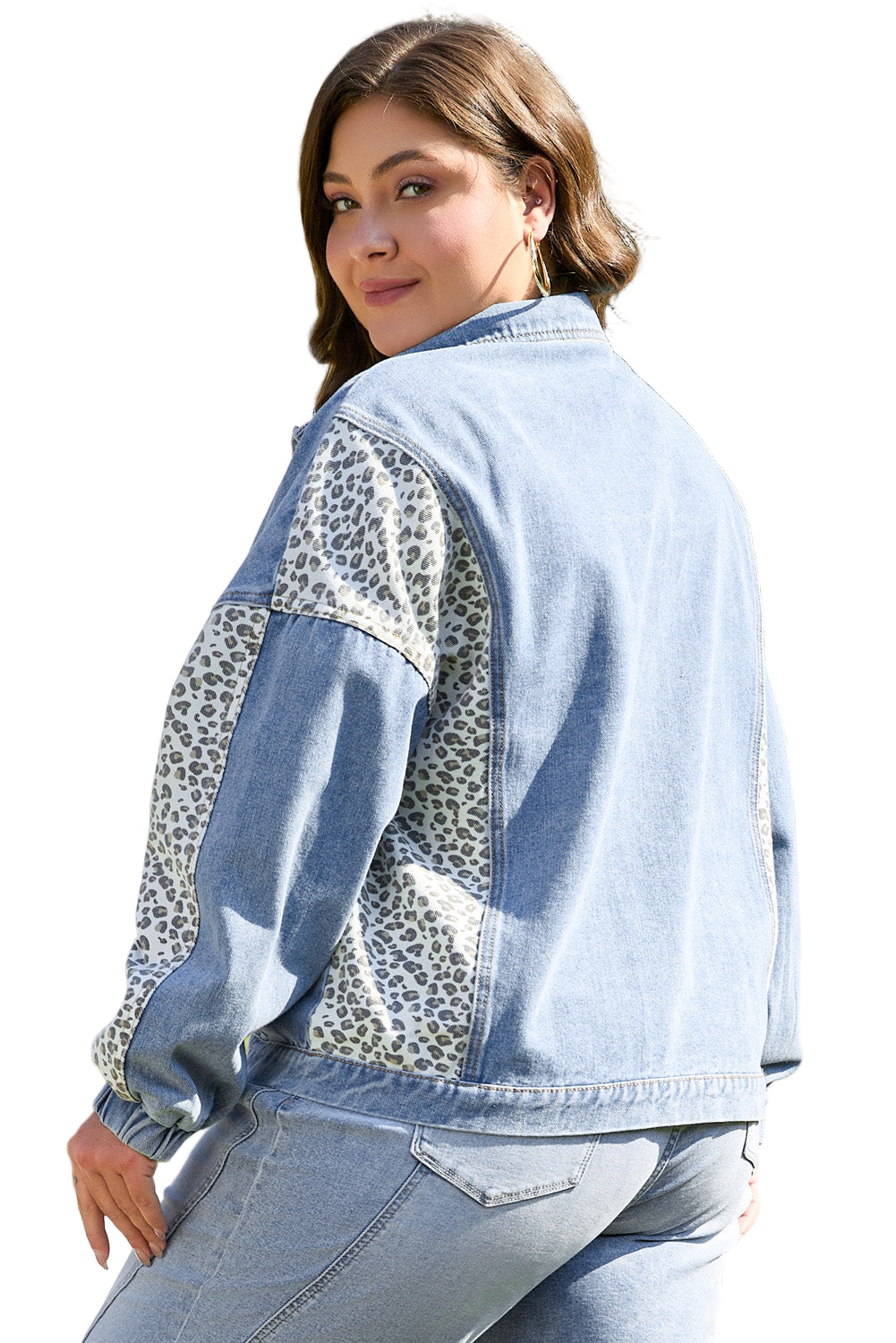 Beau Blue Leopard Patchwork Flap Detail Plus Size Denim Jacket Garden Naked Curves