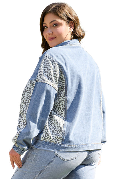 Beau Blue Leopard Patchwork Flap Detail Plus Size Denim Jacket Garden Naked Curves