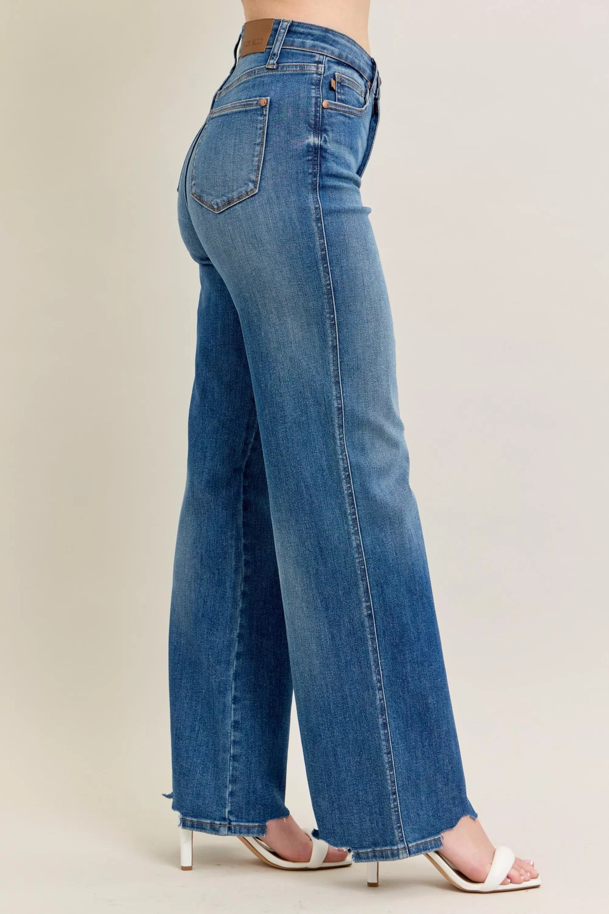 Judy Blue Full Size High Waist Tummy Control Chew Hem Destroy Wide Jeans Plus Size Garden Naked Curves