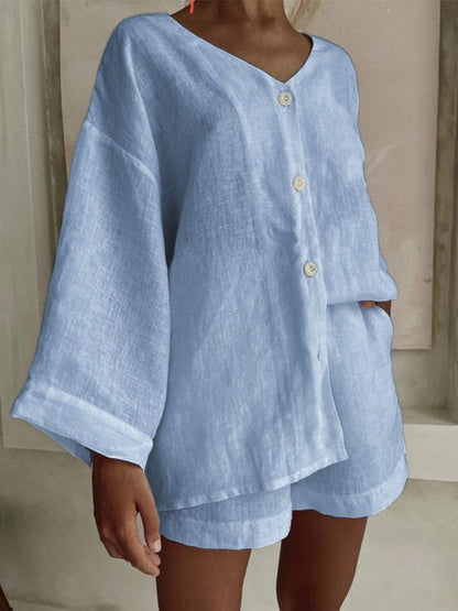 Women's Cotton Linen Shirt & Shorts Set – Long Sleeve, Button, Casual 2-Piece FitiqueFit