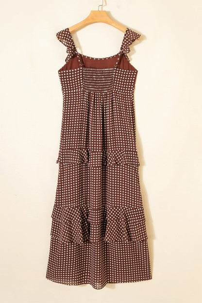 Polka Dot Backless Ruffle Tiered Maxi Dress See size chart under “more details” The Fashion Celestial