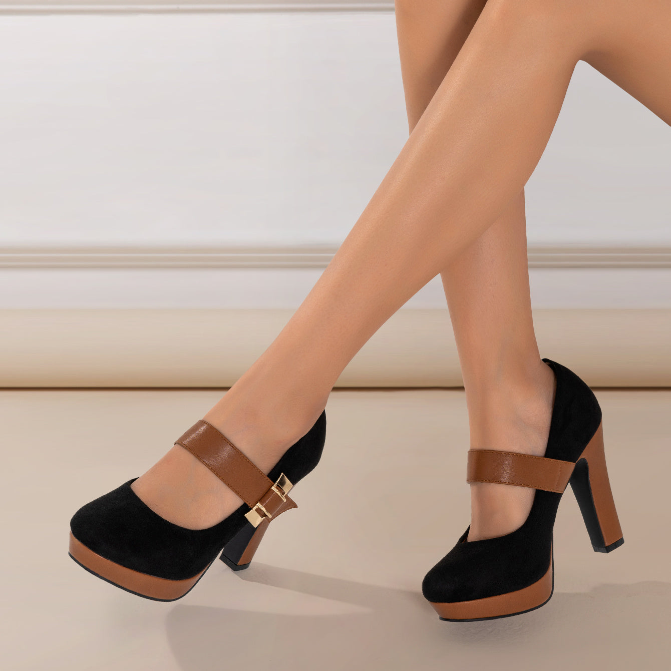 [Retro Heeled Pumps] Women's Retro Style Round Toe High Heeled Pumps, Buckle Platform Block Heel Shoes, Women's Footwear NovaCart