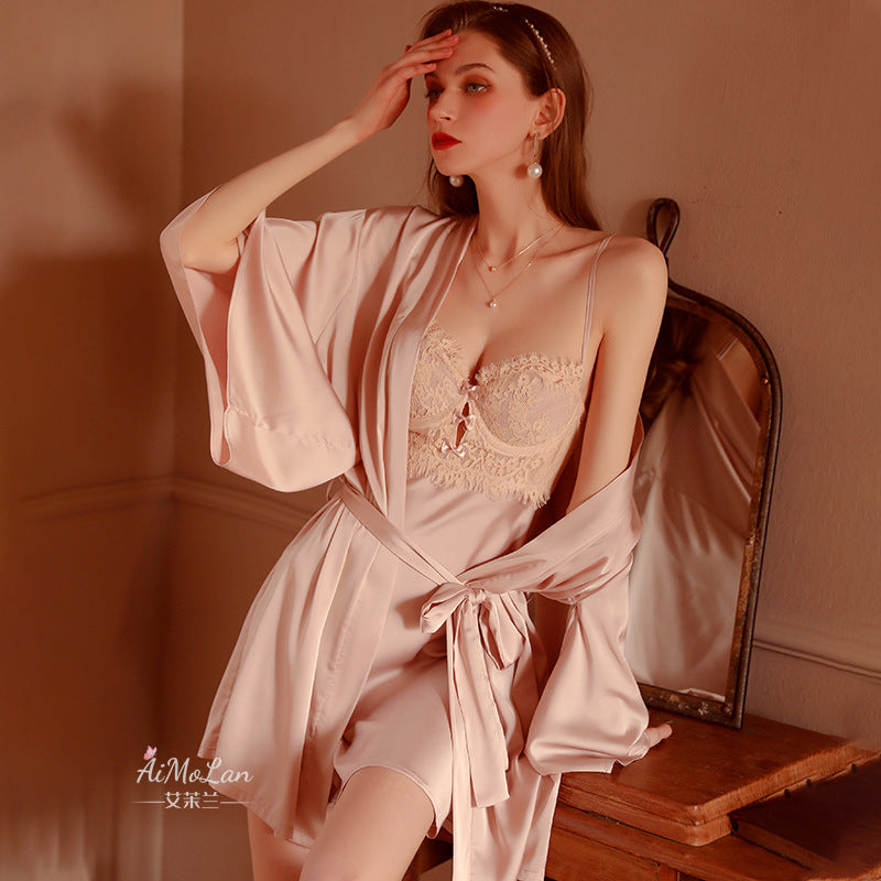 Womens Plus-Size Lace Ice Silk Underwire Camisole Bathrobe Set See size chart under “more details” The Fashion Celestial