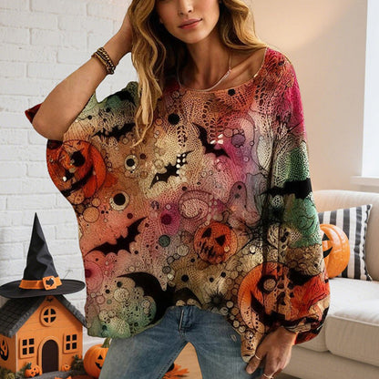Women’s Hollow Out Batwing Top – Halloween Pumpkin Print Blouse FitiqueFit