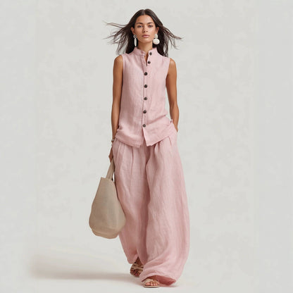 Women's Stand Collar Sleeveless Top & High-Waist Wide-Leg Pants Set FitiqueFit