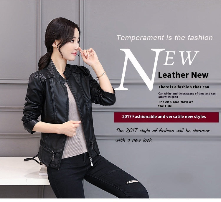 Korean-Style Slim Fit Motorcycle Leather Coat — Stand-Up Collar FitiqueFit
