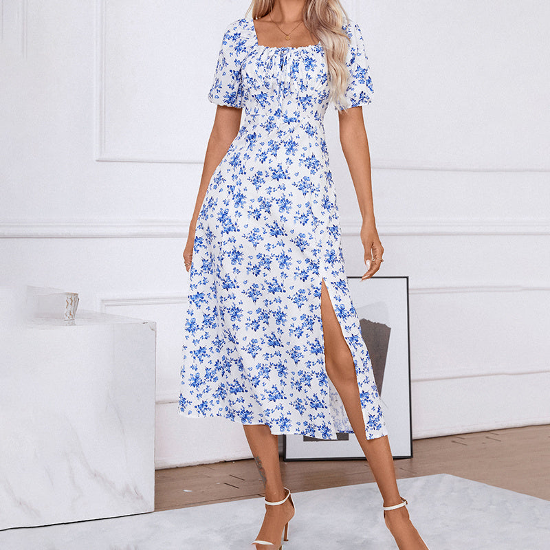 Square Neck Floral Print Dress With Puff Sleeves & Side Slit Maxi Dress FitiqueFit
