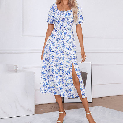Square Neck Floral Print Dress With Puff Sleeves & Side Slit Maxi Dress FitiqueFit
