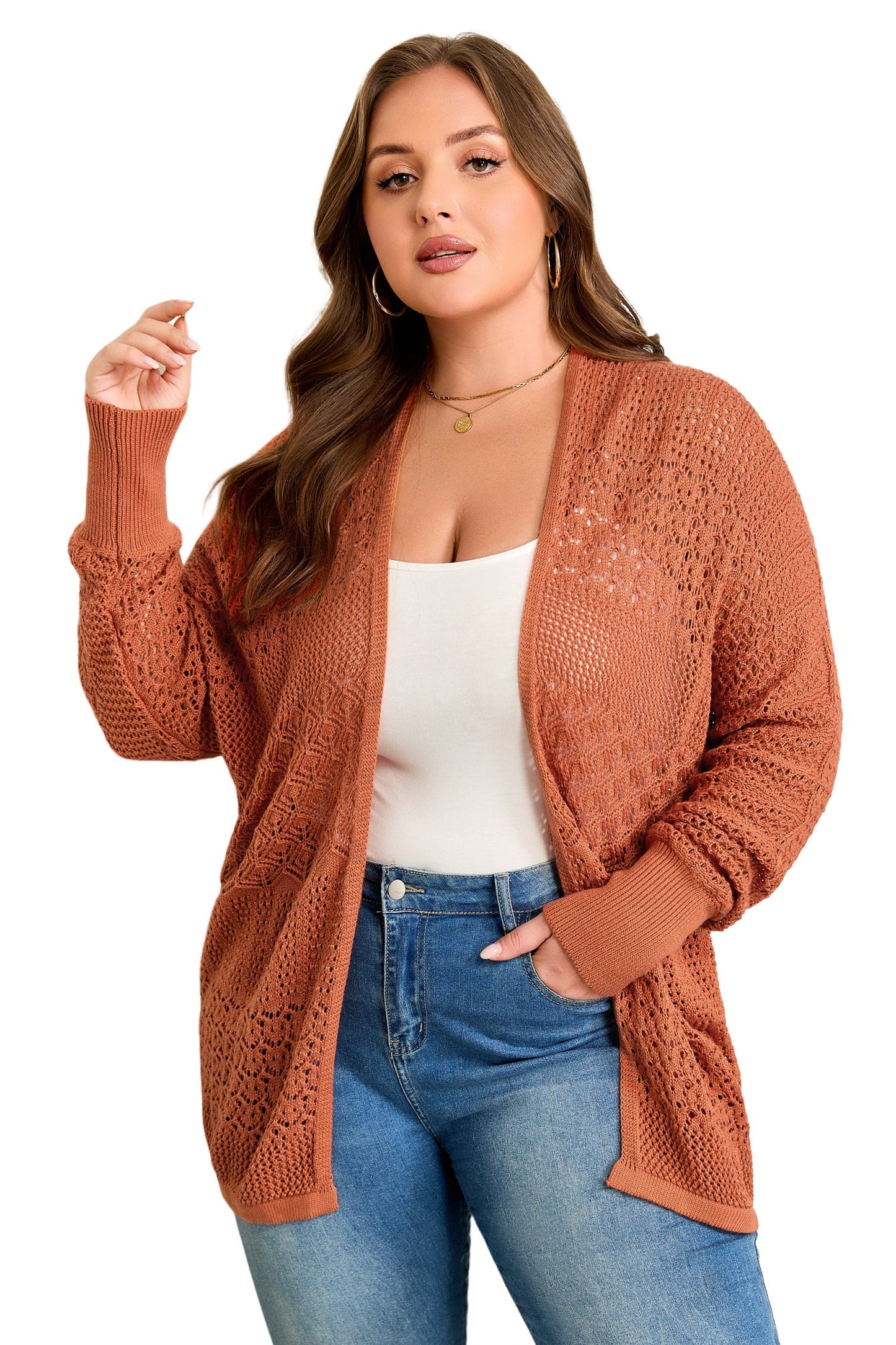 Redwood Burl Mixed Pattern Knitted Open Front Plus Cardigan Garden Naked Curves