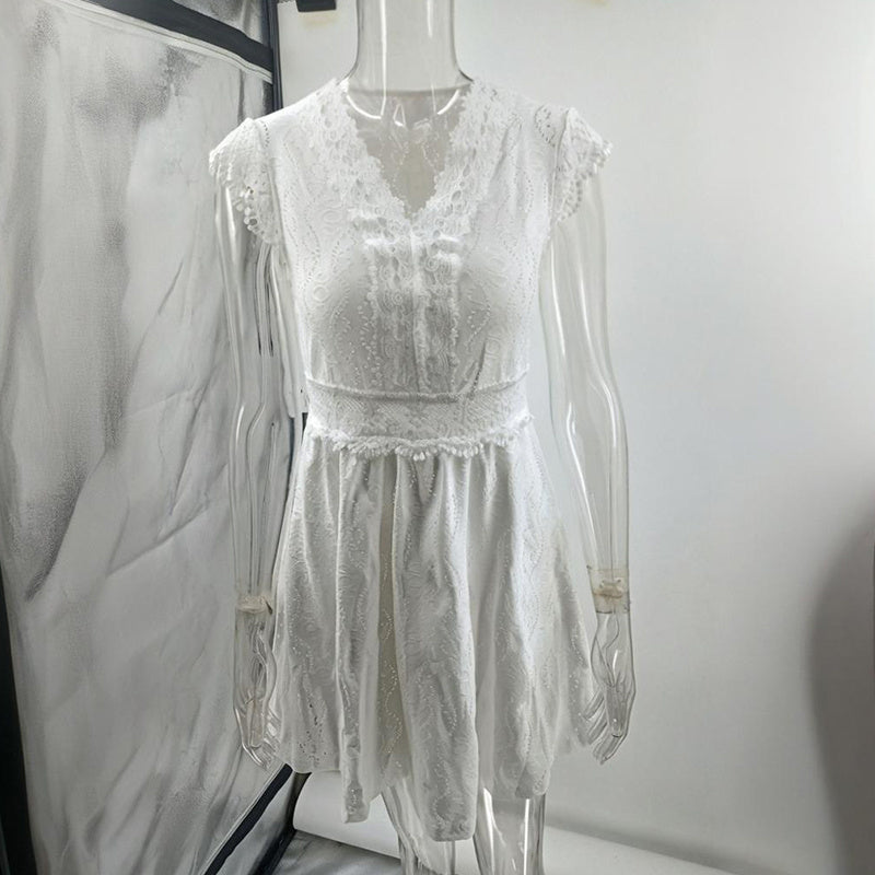 Women’s V‑Neck Short‑Sleeve Dress with Lace Trim FitiqueFit
