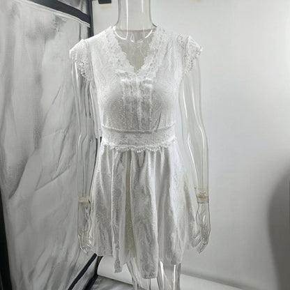 Women’s V‑Neck Short‑Sleeve Dress with Lace Trim FitiqueFit