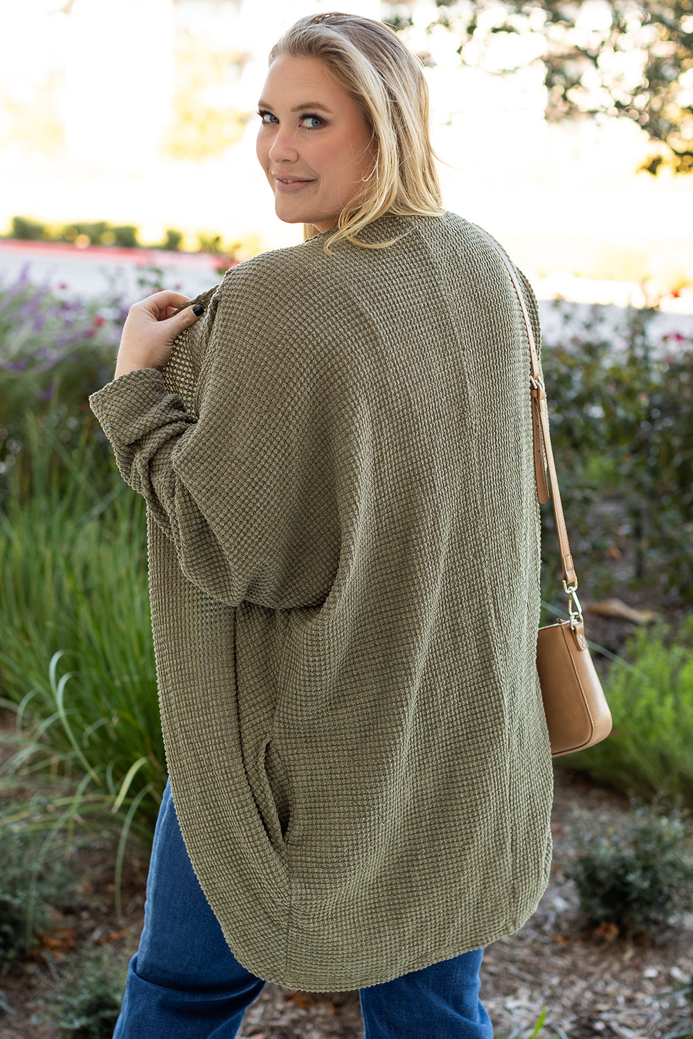 Seagrass Waffle Knit Drop Shoulder Open Front Pocketed Plus Size Cardigan Garden Naked Curves