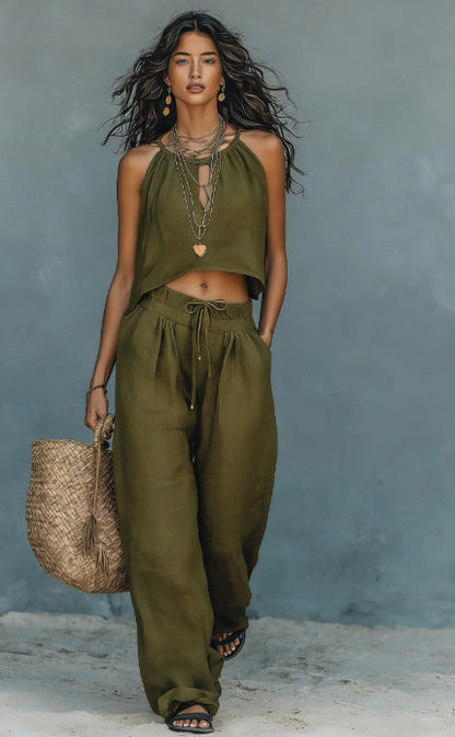 Women's Sleeveless Tank Top & Wide-Leg Pants Set – Linen Blend Summer Two-Piece FitiqueFit