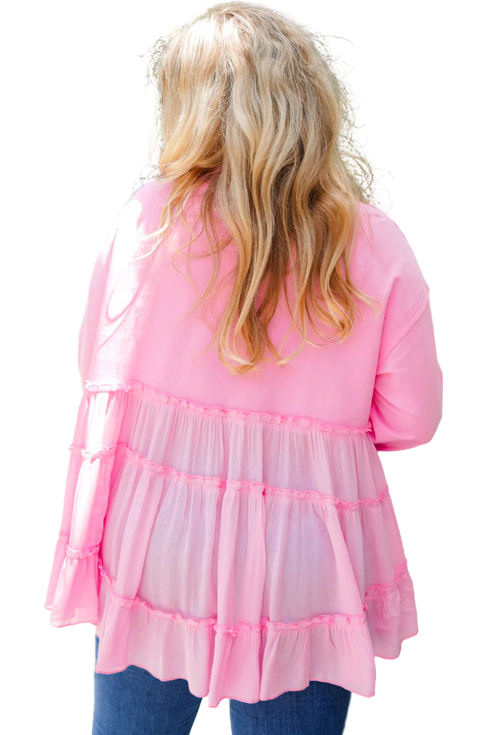 Pink Frill Tiered Patchwork Ribbed Trim Flowy Plus Size Top Garden Naked Curves