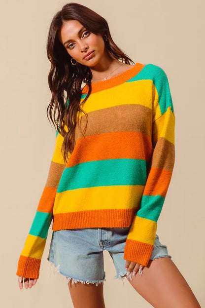 SO ME Multi Color Stripe Sweater with Ribbed Detail West2East Surf