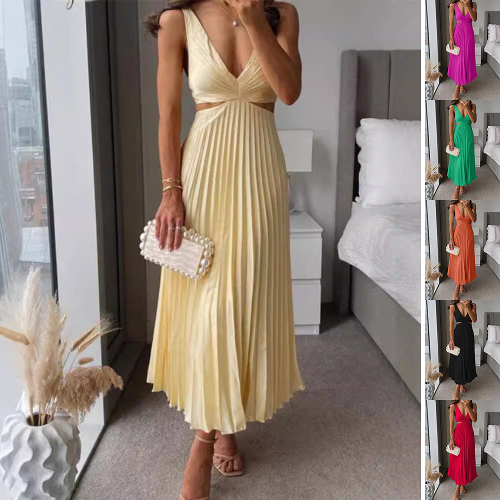 Ins Suspender Pleated Long Dress With Hollow-waisted Design Fashion V-neck Backless Dresses Summer Women's Clothing Grayceful LLC