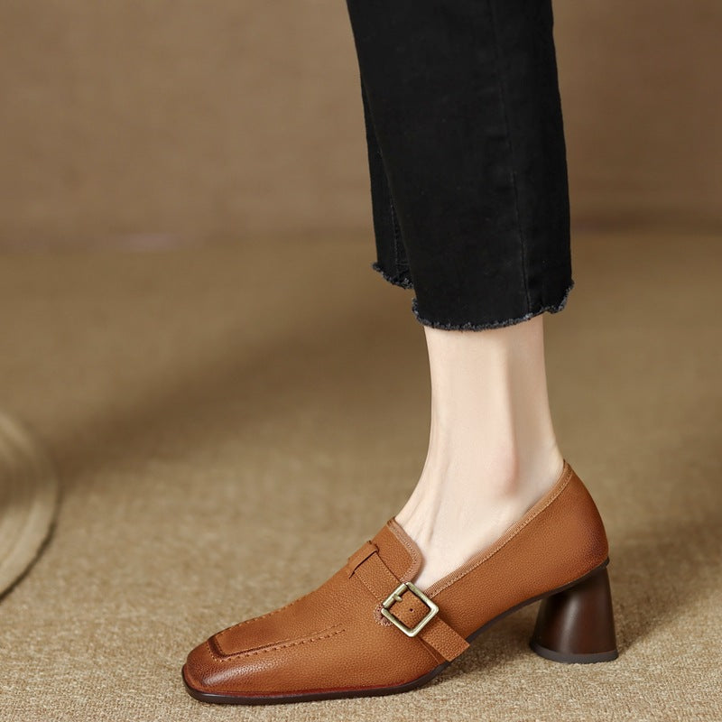 Women's Retro British Style Chunky Heel Leather Shoes – Round Toe Commuter FitiqueFit
