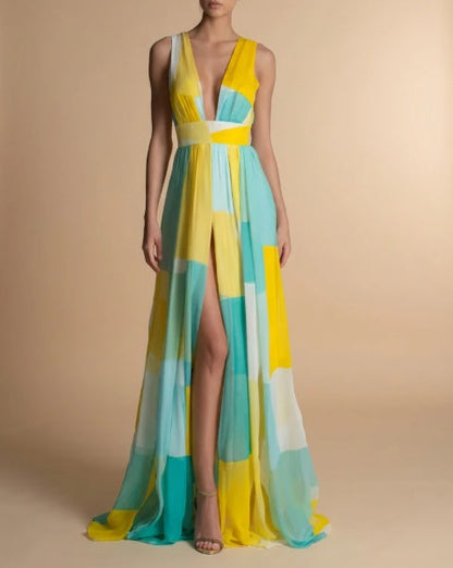 Serene Geometric Color-Block Chiffon Maxi Dress-Sun-Kissed Yellow & Azure Blue See size chart under “more details” The Fashion Celestial